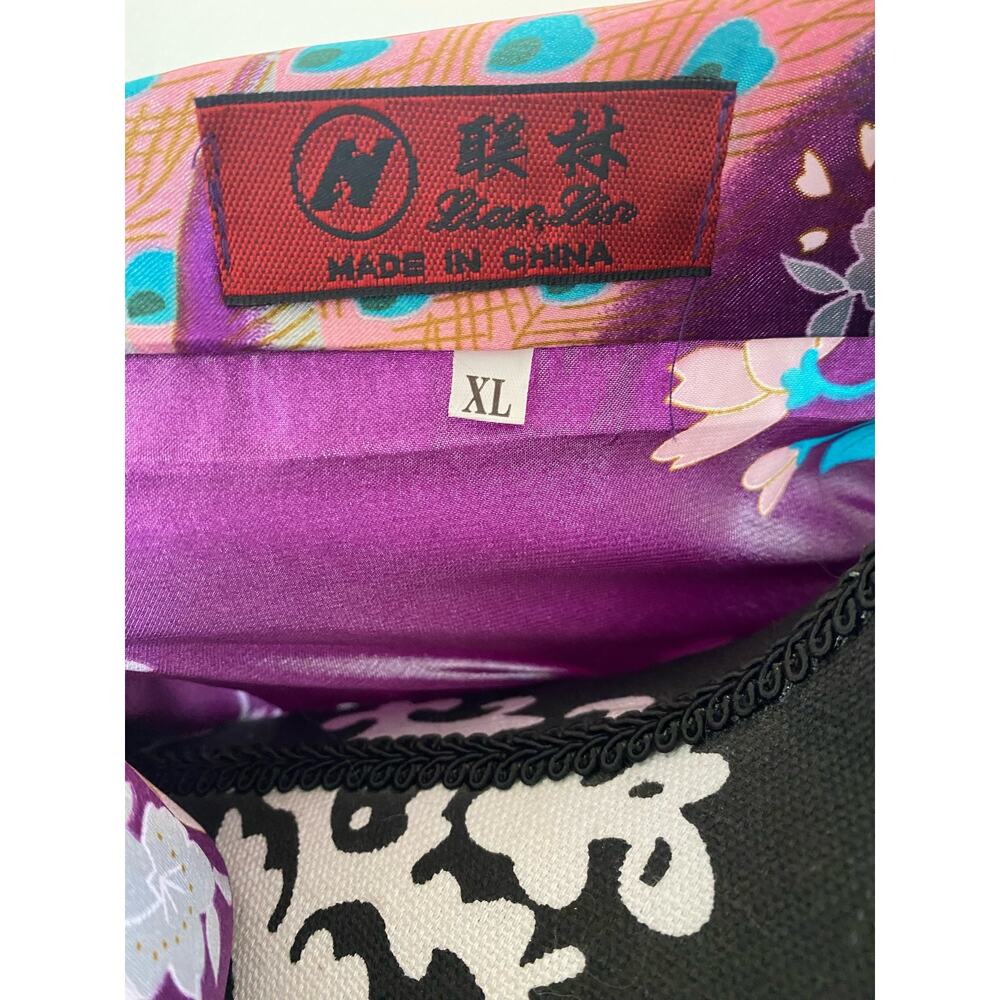 Vintage Lian Lin kimono purple peacock blossoms size XL silky sash belt China - Picture 3 of 4